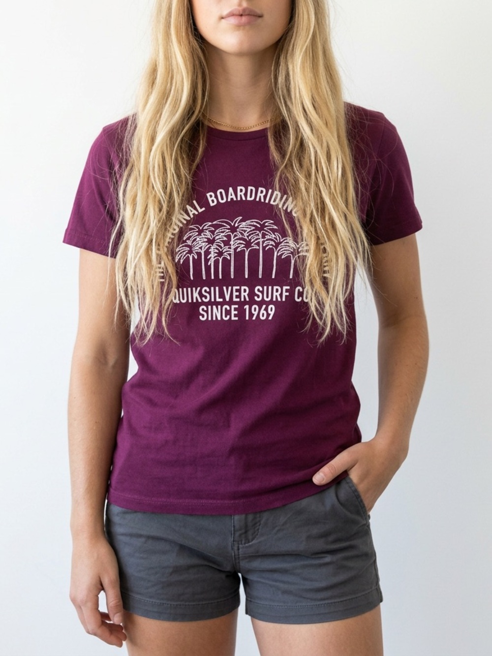 Quiksilver Womens Small Burgundy Graphic Surf T-Shirt Palm Trees Regular Fit S